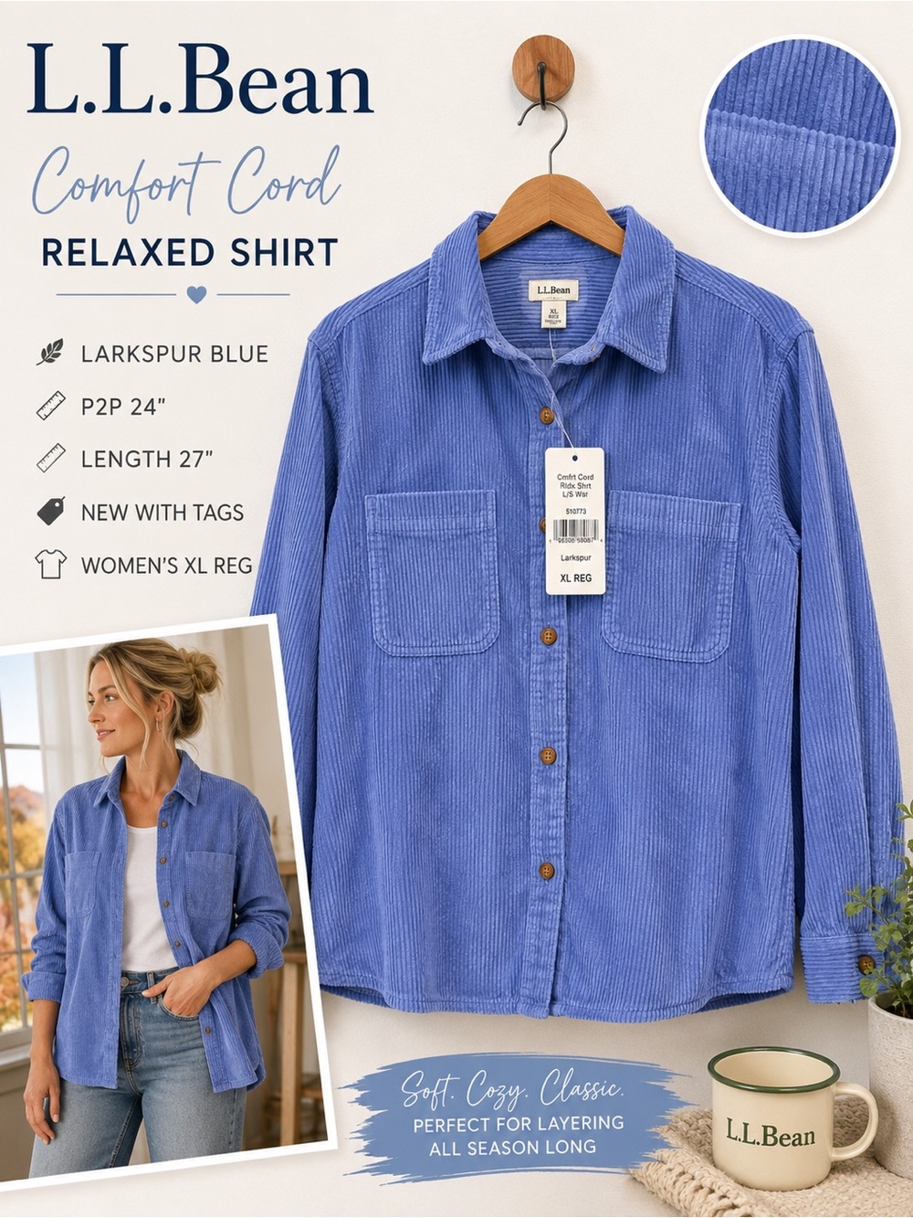 L.L. Bean Comfort Cord Relaxed Shirt - Larkspur Blue - XL NWT